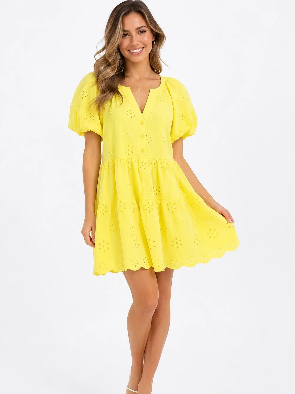 PEYTON & PARKER Yellow Eyelet Mini Dress XS Puffed Sleeve Cotton Babydoll Dress